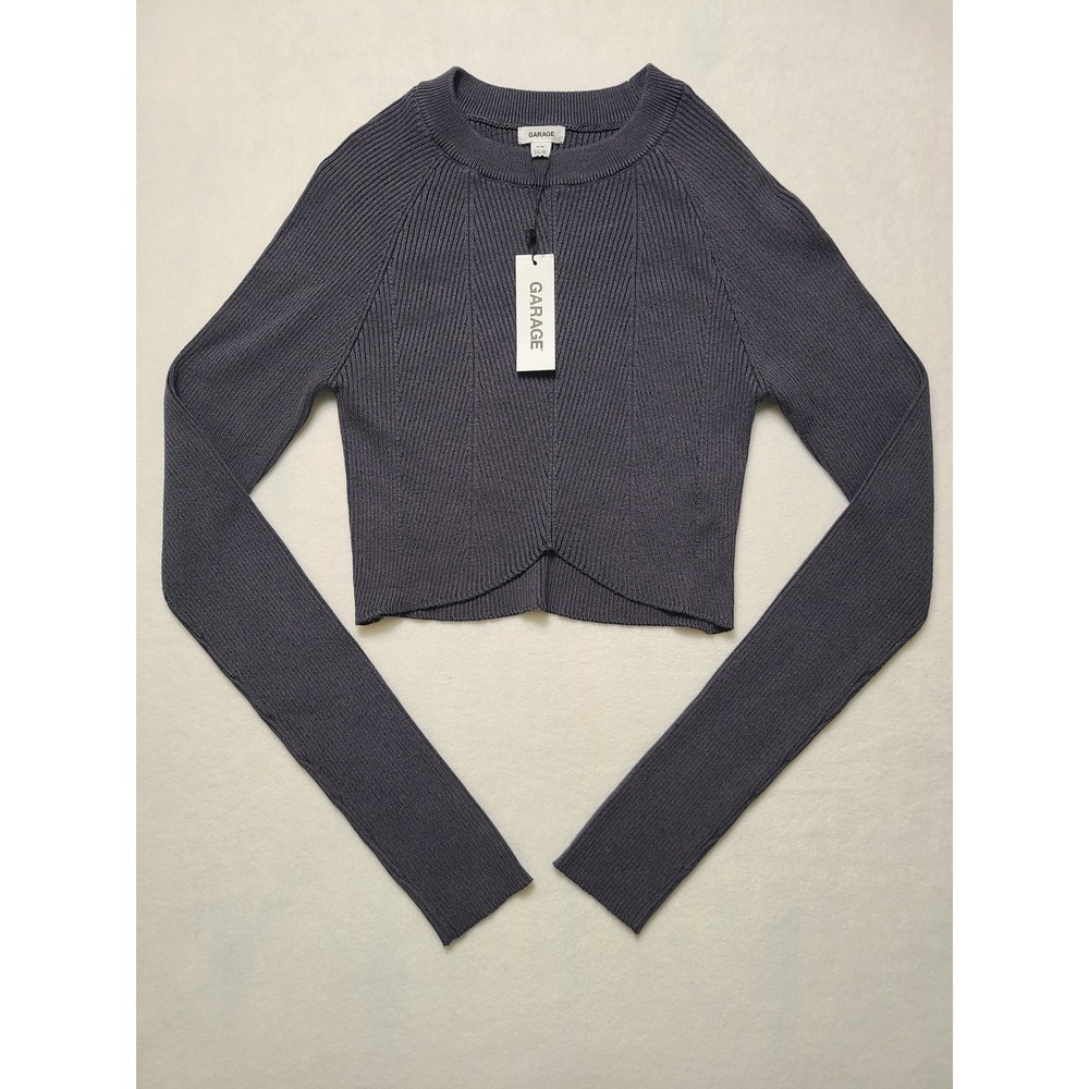 NWT! Garage Ribbed Knit Top Wm S Grey Crop Curved Y2K Grunge Athleisure Minimal